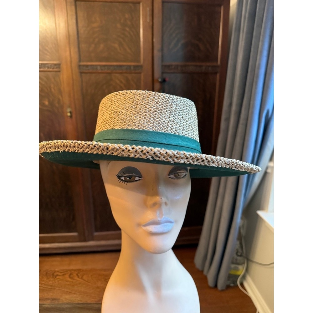 Summer Club Australian Straw Boater Hat Wide Brim Green Band One‎ Size